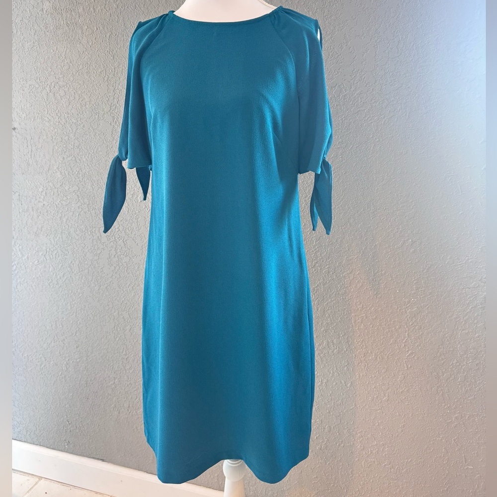 Vince Camuto Teal Mini Dress with Tie Sleeves - Neck to Hem is 32”